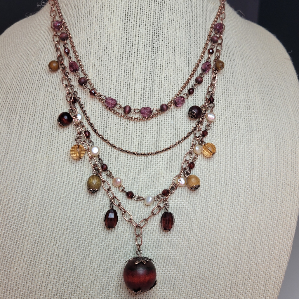 Red Brown Tan Plum Faux Pearl 5 Strand Tier Necklace Antique Brass Cable Chain 29$